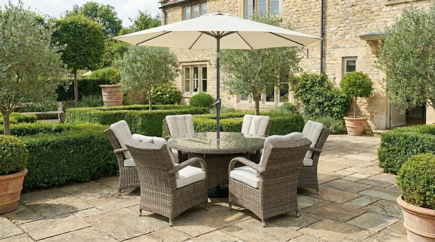 Ibiza 6 Seater Sand Round Weave Dining Set – 1.30m - Image 1