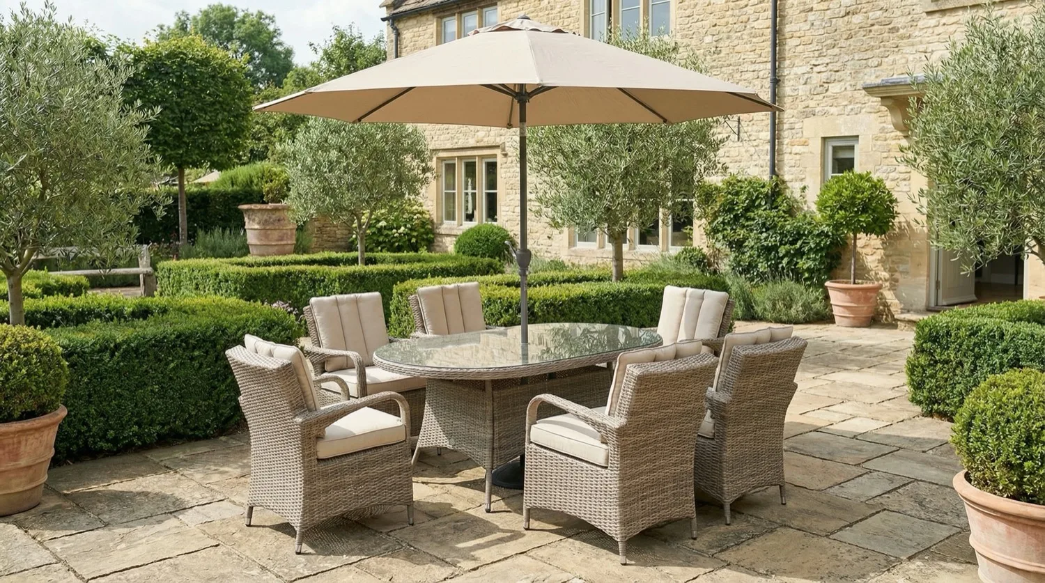 Ibiza 6 Seater Sand Oval Round Weave Dining Set – 1.8m - Image 1