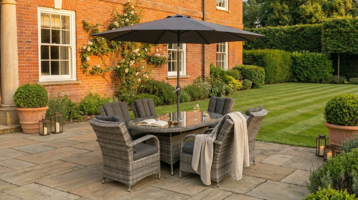 Riviera 6 Seater Grey Oval Round Weave Dining Set – 1.8m - Image 1