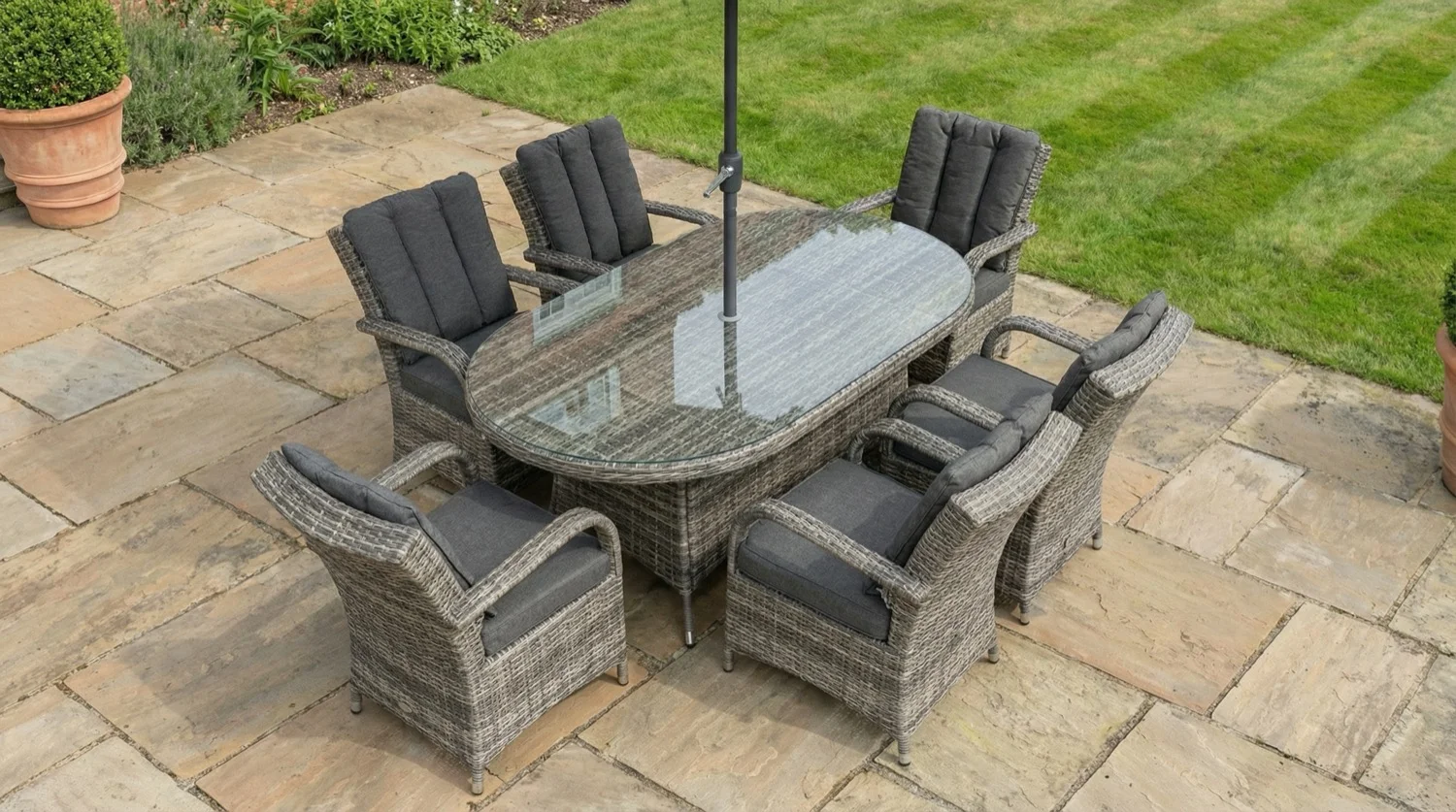 Riviera 6 Seater Grey Oval Round Weave Dining Set – 1.8m - Image 2