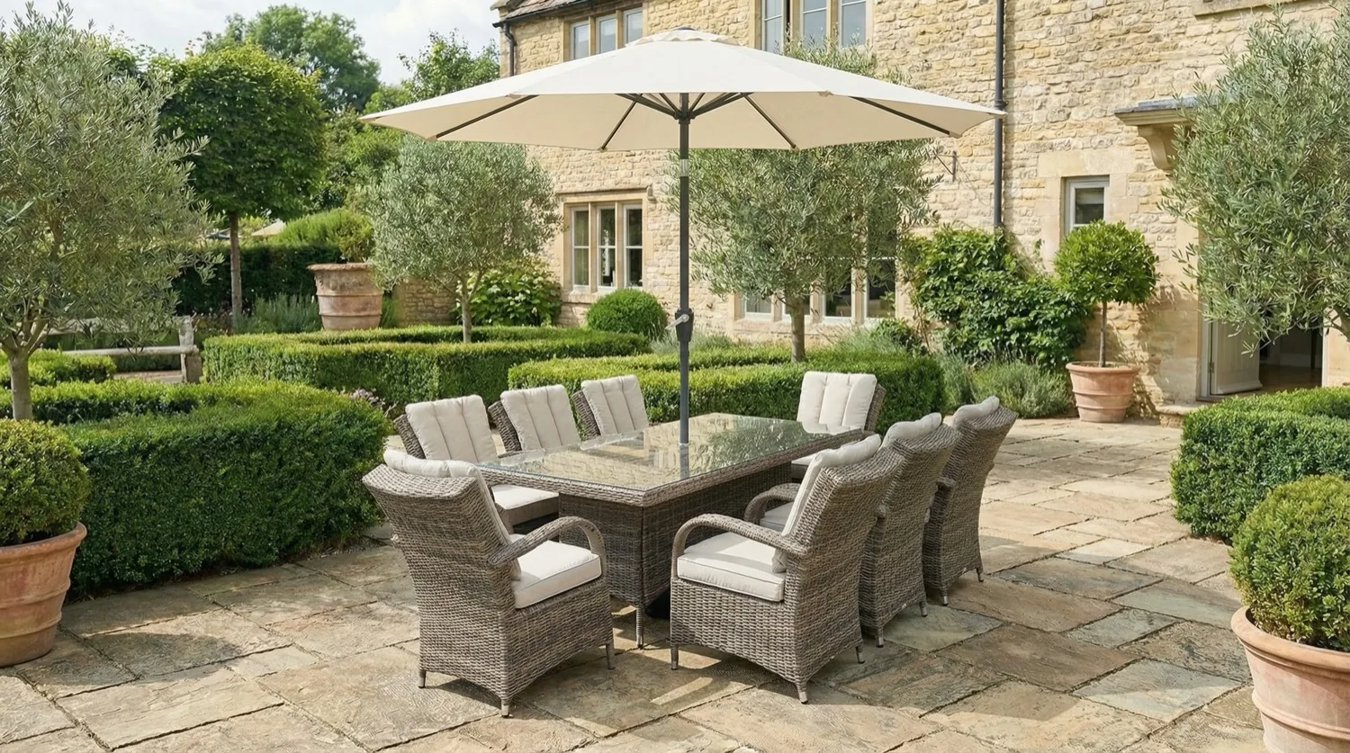 Ibiza 8 Seater Sand Rectangular Round Weave Dining Set – 2.0m - Image 1