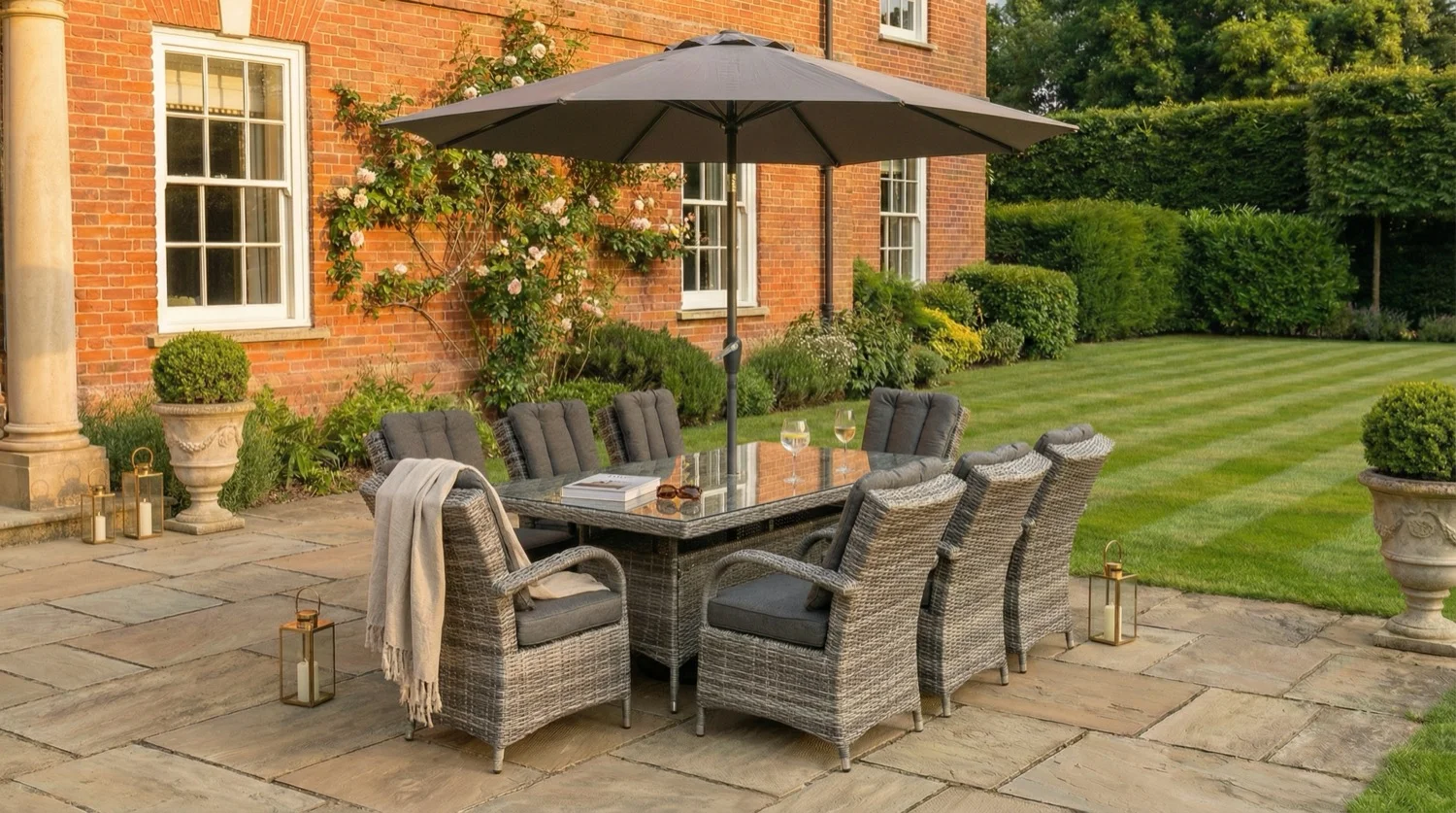 Riviera 8 Seater Grey Rectangular Round Weave Dining Set – 2.0m - Image 1