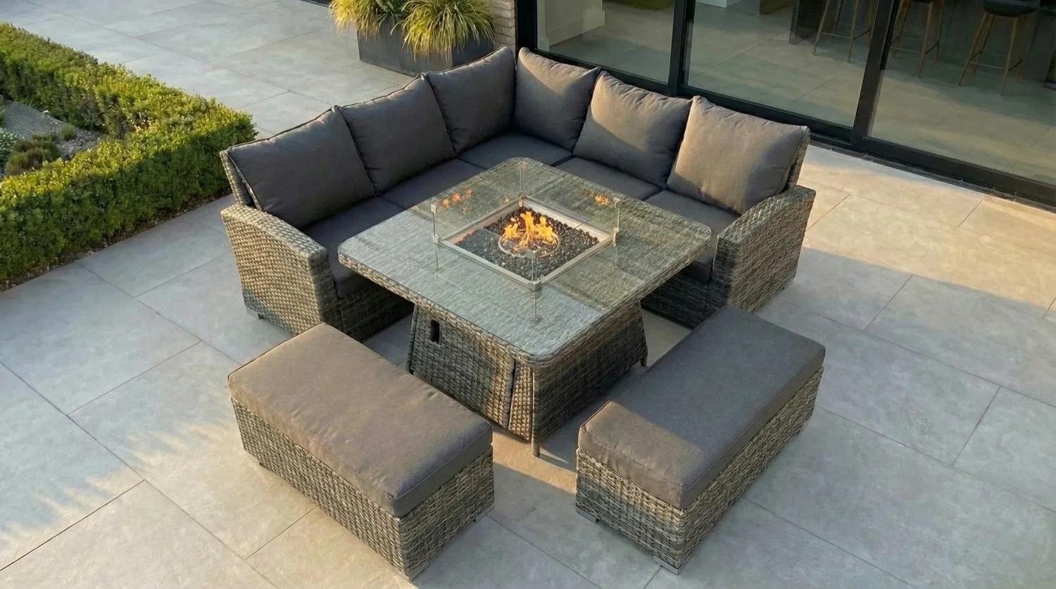 Monaco Fire Pit Corner Sofa Set – Flat Grey - Image 1