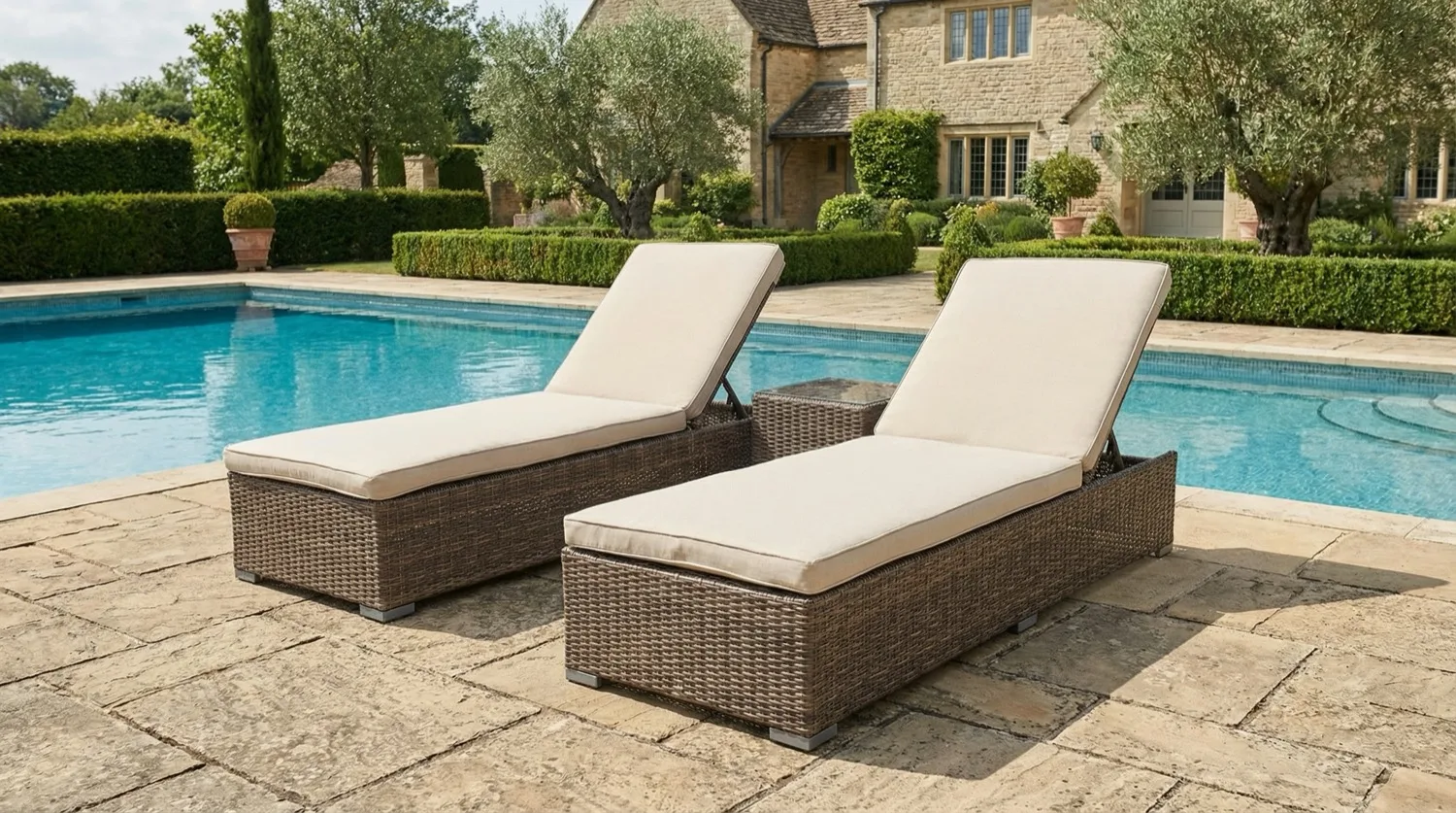 Ibiza Double Wheeled Sun Lounger Set with Side Table – Sand - Image 1