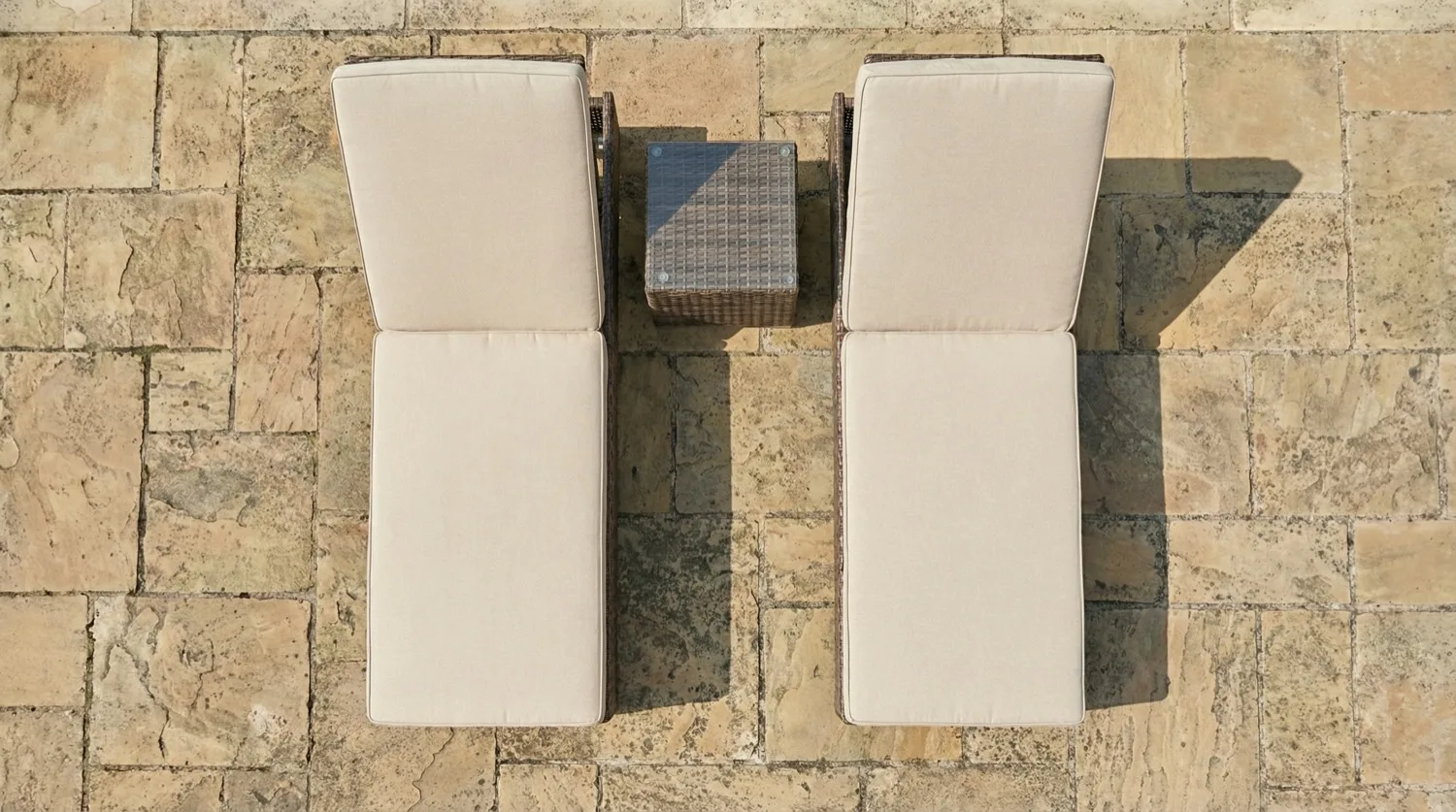 Ibiza Double Wheeled Sun Lounger Set with Side Table – Sand - Image 2