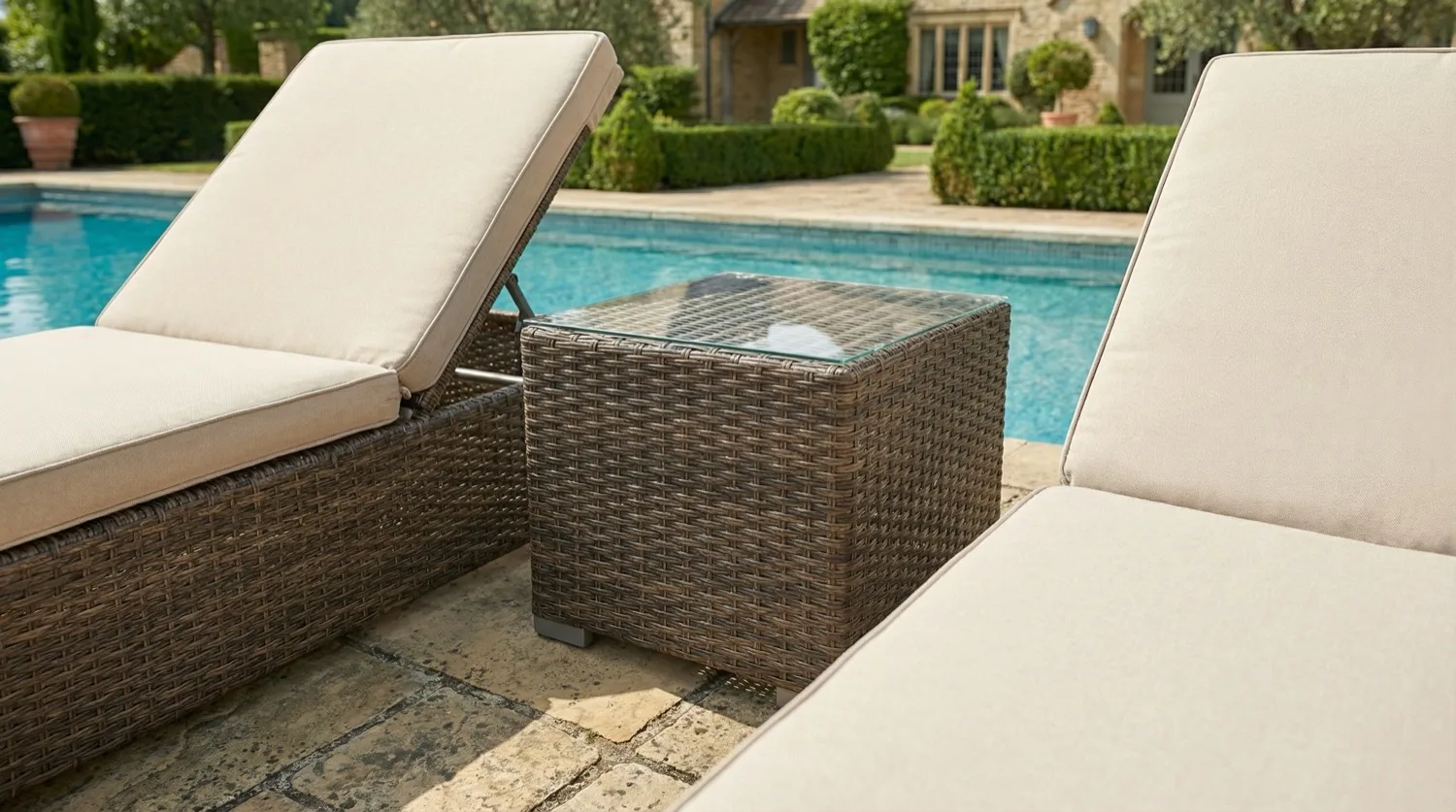 Ibiza Double Wheeled Sun Lounger Set with Side Table – Sand - Image 4