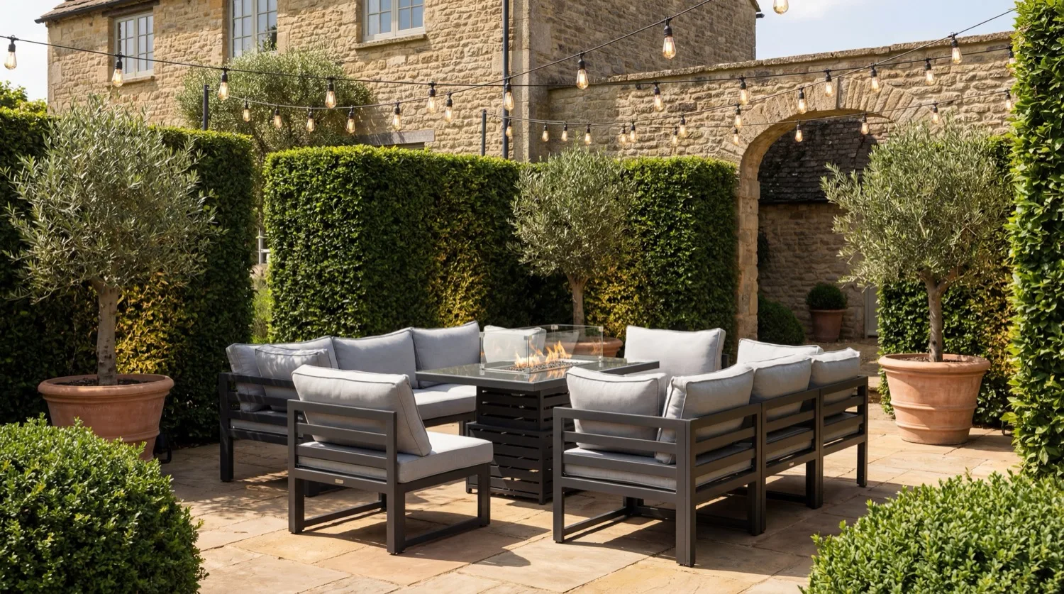 Tuscany 8 Seater Grey Modular Aluminium Corner Sofa Set with Rising Fire Pit Table - Image 1