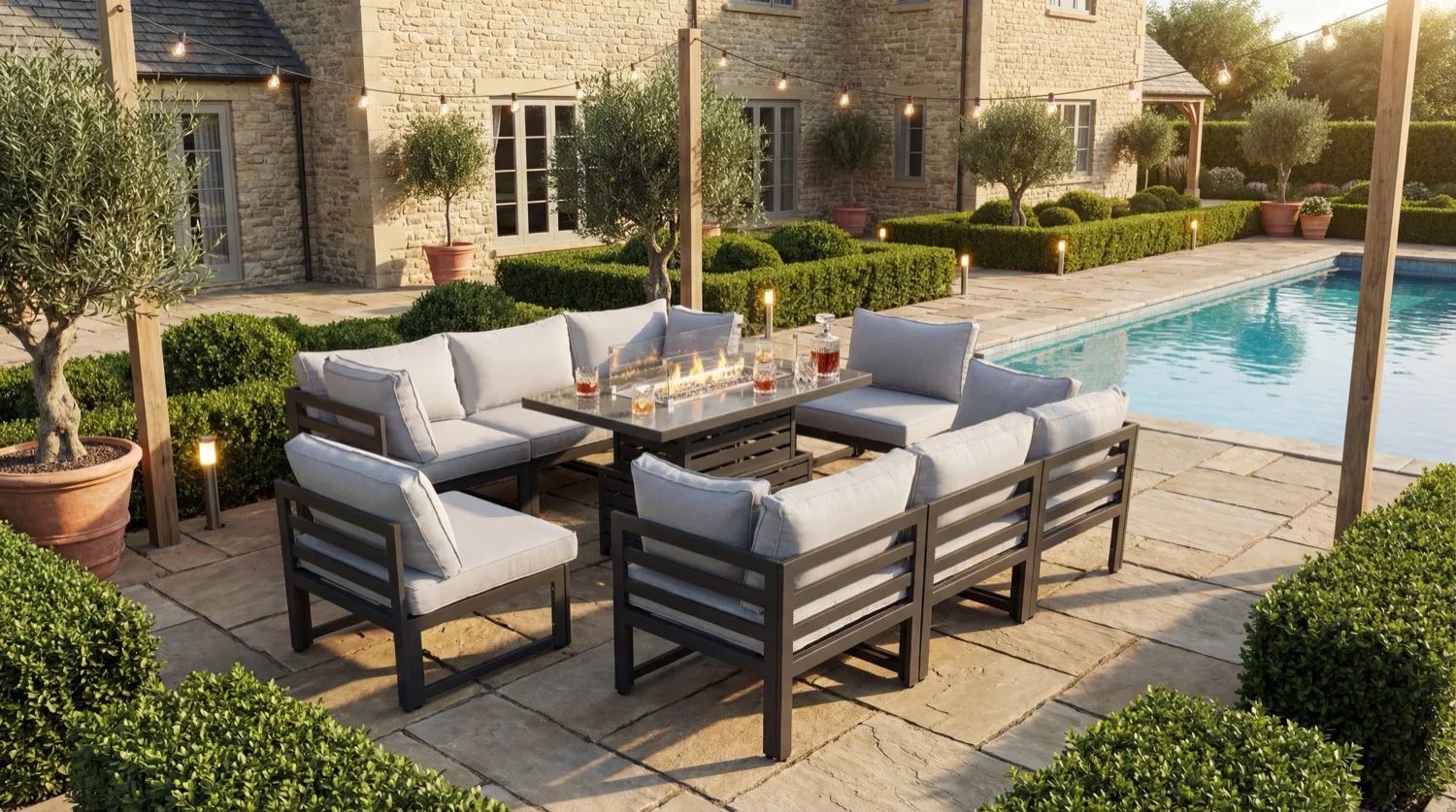Tuscany 8 Seater Grey Modular Aluminium Corner Sofa Set with Rising Fire Pit Table - Image 2