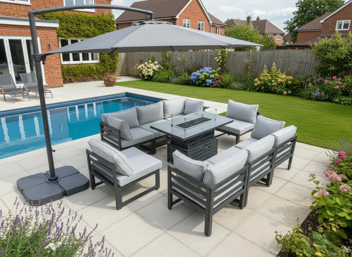 Tuscany 8 Seater Grey Modular Aluminium Corner Sofa Set with Rising Fire Pit Table - View 5