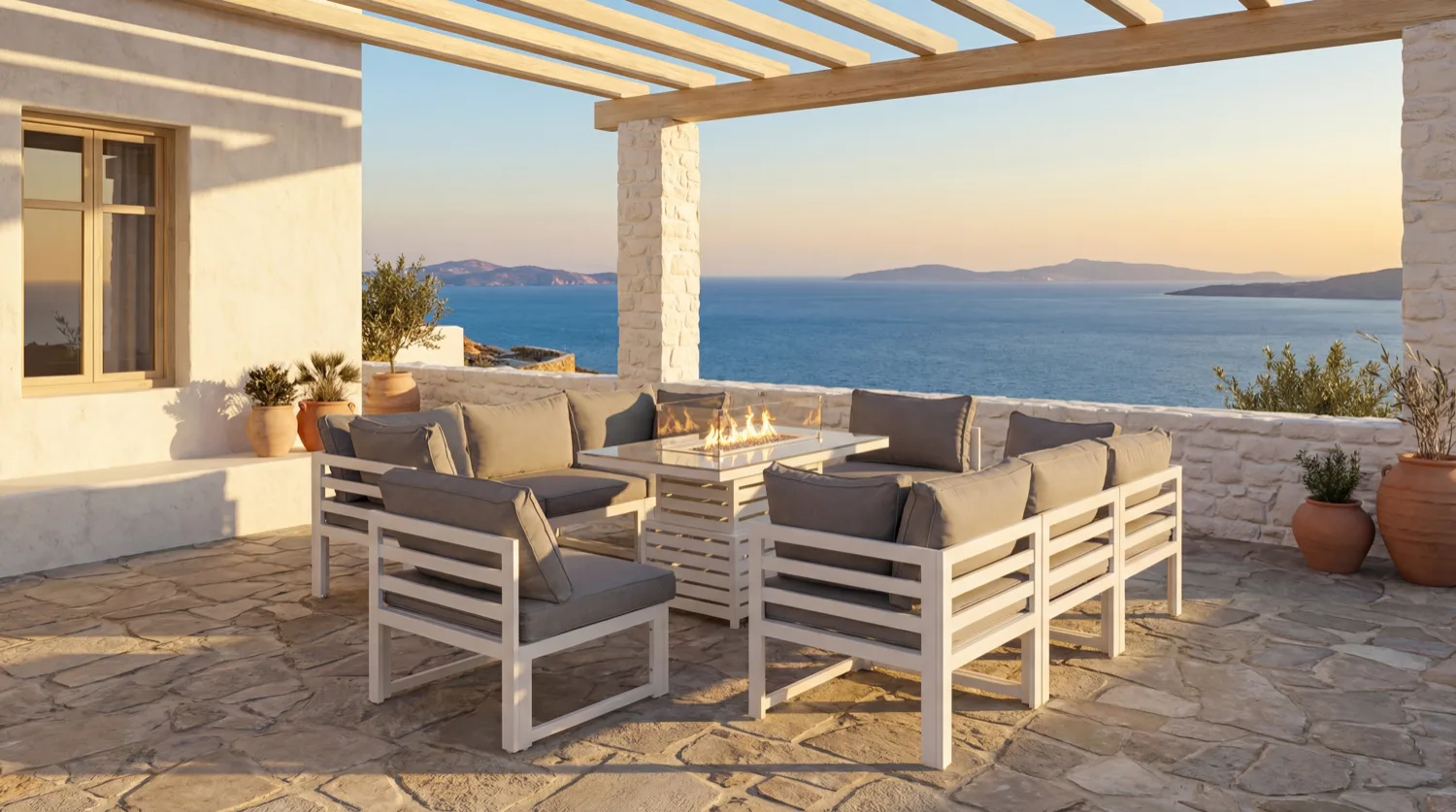 Mykonos 8 Seater White Modular Aluminium Corner Sofa Set with Rising Fire Pit Table - Image 1