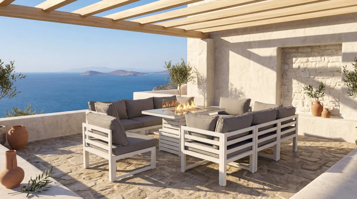 Mykonos 8 Seater White Modular Aluminium Corner Sofa Set with Rising Fire Pit Table - Image 2