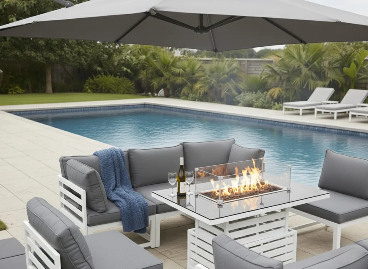 Mykonos 8 Seater White Modular Aluminium Corner Sofa Set with Rising Fire Pit Table - Image 3