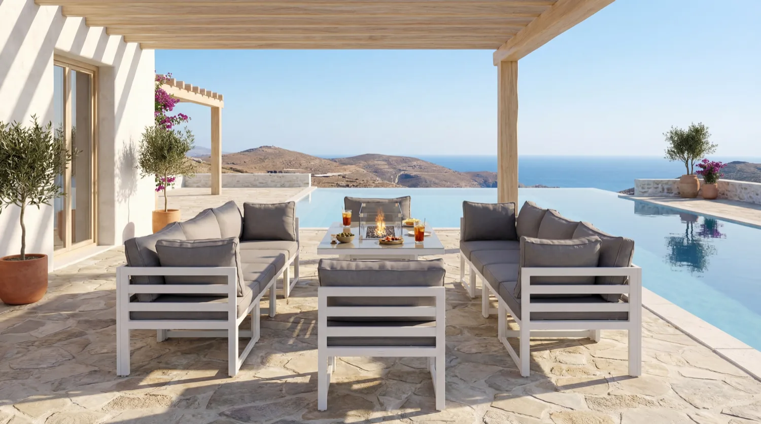 Mykonos 8 Seater White Modular Aluminium Corner Sofa Set with Rising Fire Pit Table - Image 4