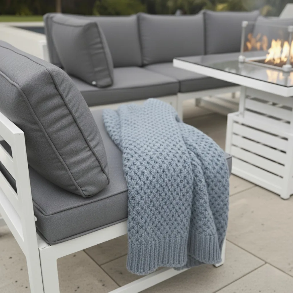 Mykonos 8 Seater White Modular Aluminium Corner Sofa Set with Rising Fire Pit Table - View 5