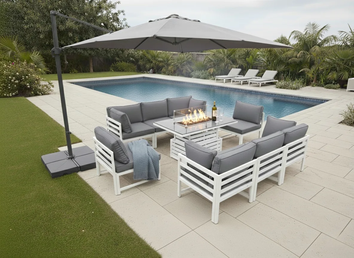 Mykonos 8 Seater White Modular Aluminium Corner Sofa Set with Rising Fire Pit Table thumbnail 6