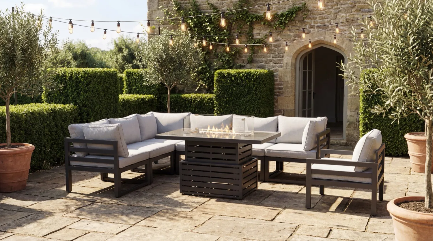 Tuscany 7 Seater Grey Modular Aluminium Corner Sofa Set with Rising Fire Pit Table - Image 1