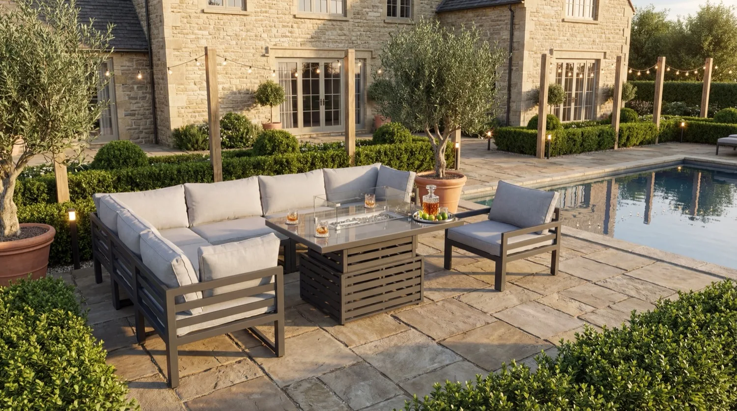 Tuscany 7 Seater Grey Modular Aluminium Corner Sofa Set with Rising Fire Pit Table - Image 2