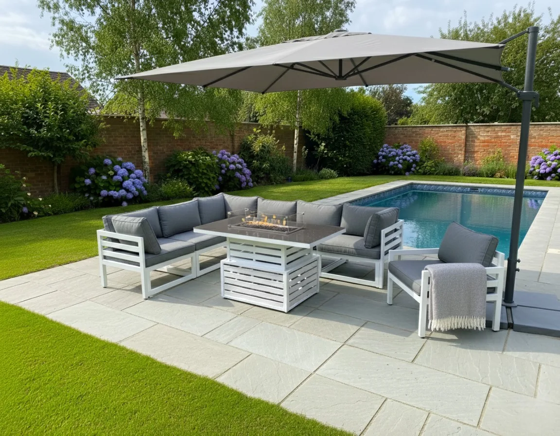 Mykonos 7 Seater White Modular Aluminium Corner Sofa Set with Rising Fire Pit Table - Image 3