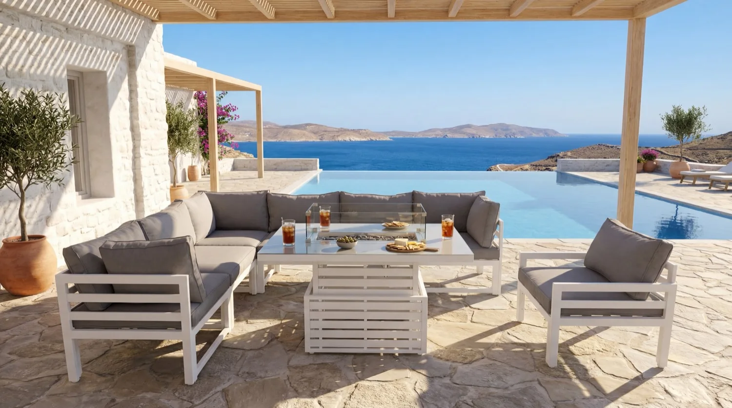 Mykonos 7 Seater White Modular Aluminium Corner Sofa Set with Rising Fire Pit Table - Image 4