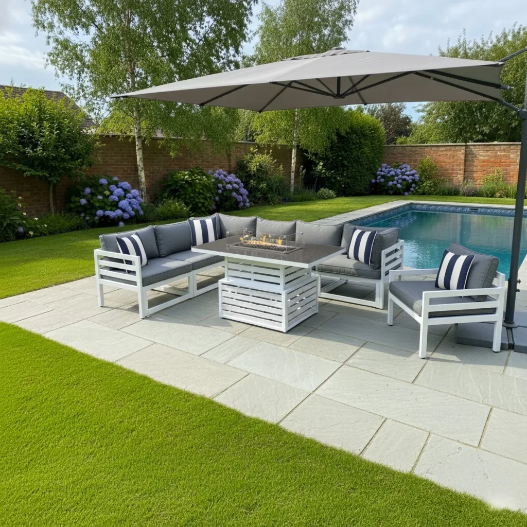 Mykonos 7 Seater White Modular Aluminium Corner Sofa Set with Rising Fire Pit Table thumbnail 6