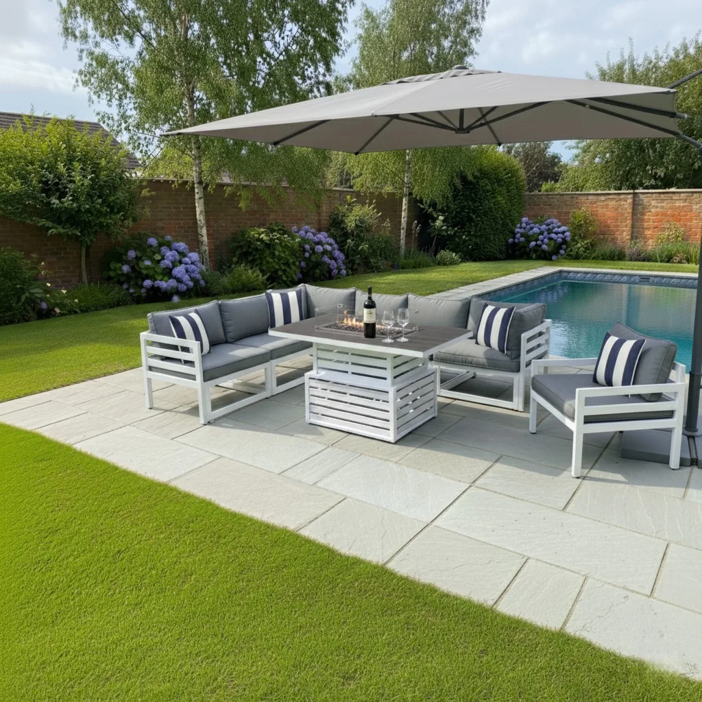 Mykonos 7 Seater White Modular Aluminium Corner Sofa Set with Rising Fire Pit Table thumbnail 11