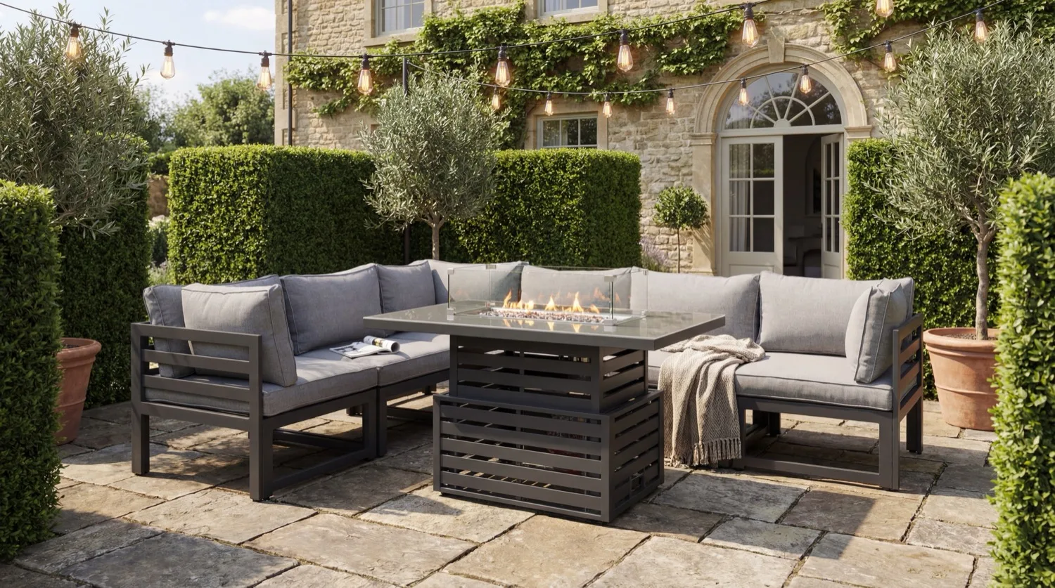 Tuscany 6 Seater Grey Modular Aluminium Corner Sofa Set with Rising Fire Pit Table - Image 1