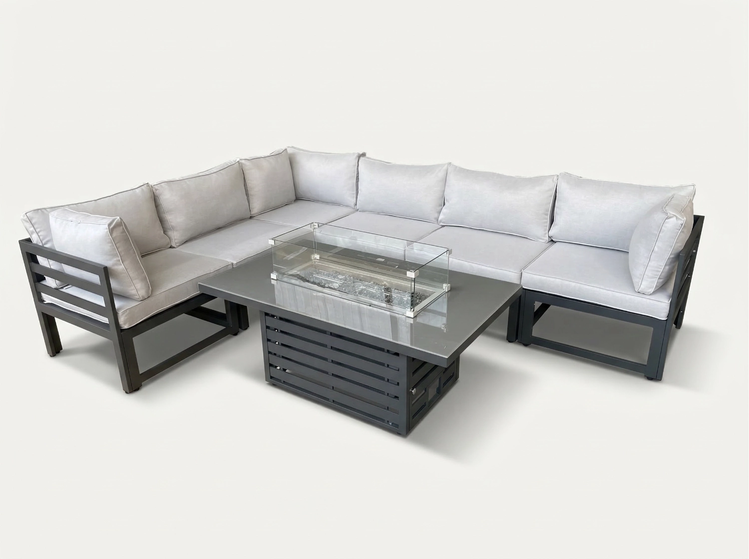 Tuscany 6 Seater Grey Modular Aluminium Corner Sofa Set with Rising Fire Pit Table - Easy Setup