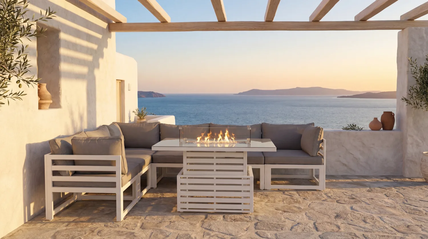 Mykonos 6 Seater White Modular Aluminium Corner Sofa Set with Rising Fire Pit Table - Image 1