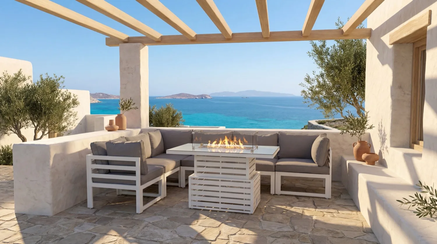 Mykonos 6 Seater White Modular Aluminium Corner Sofa Set with Rising Fire Pit Table - Image 2