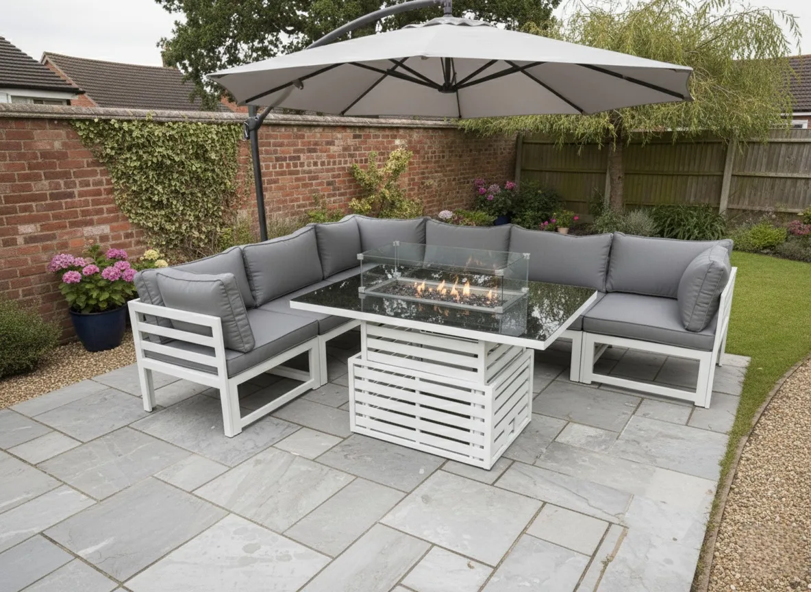 Mykonos 6 Seater White Modular Aluminium Corner Sofa Set with Rising Fire Pit Table - Image 3