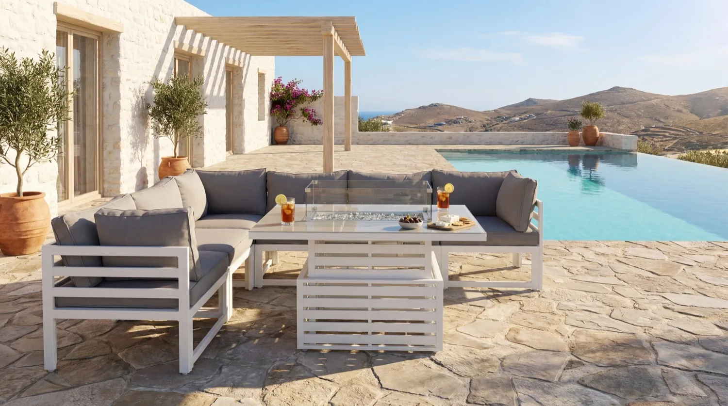 Mykonos 6 Seater White Modular Aluminium Corner Sofa Set with Rising Fire Pit Table - Image 4