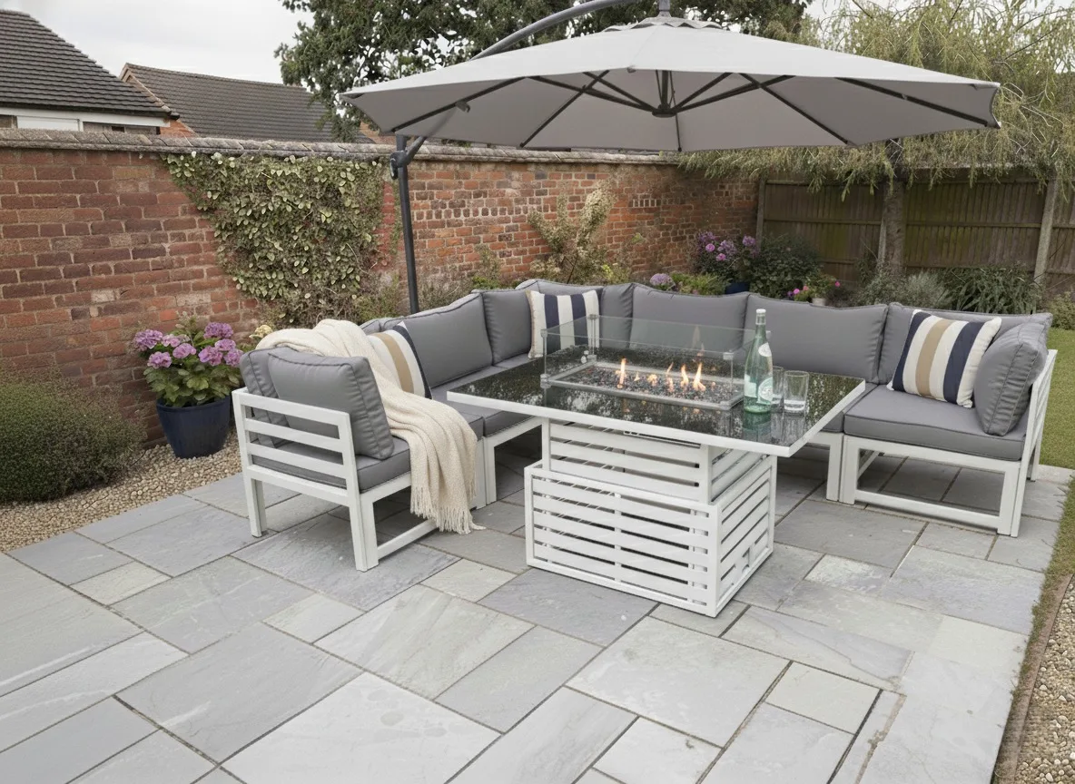 Mykonos 6 Seater White Modular Aluminium Corner Sofa Set with Rising Fire Pit Table - View 5