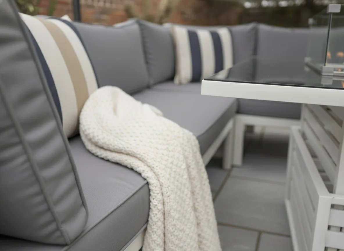 Mykonos 6 Seater White Modular Aluminium Corner Sofa Set with Rising Fire Pit Table thumbnail 6