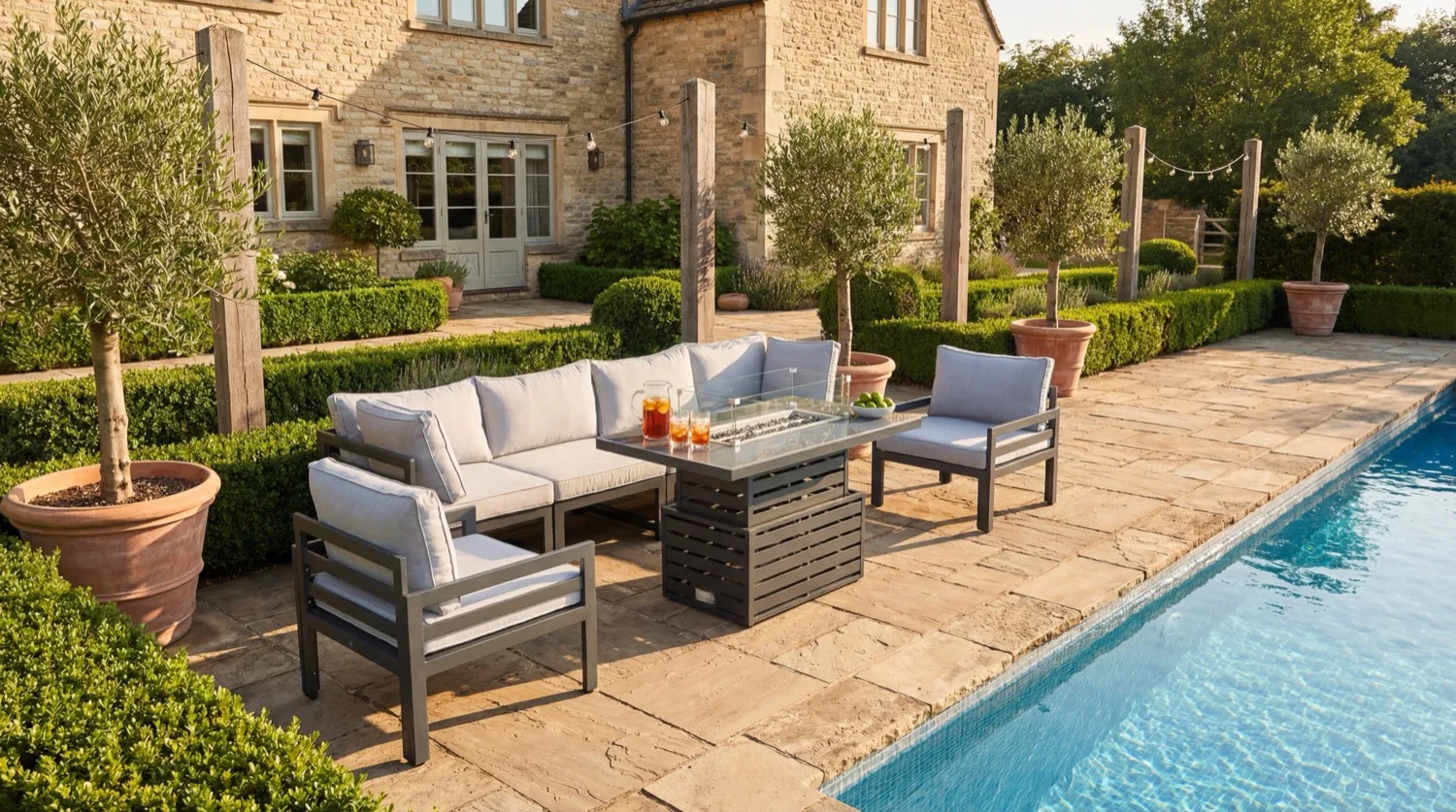 Tuscany 6 Seater Grey Modular Aluminium Sofa Set with Rising Fire Pit Table - Image 2