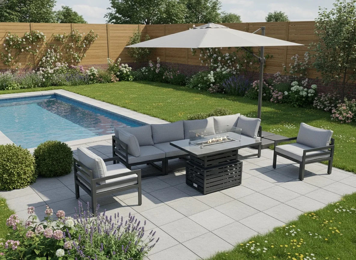 Tuscany 6 Seater Grey Modular Aluminium Sofa Set with Rising Fire Pit Table - Image 3