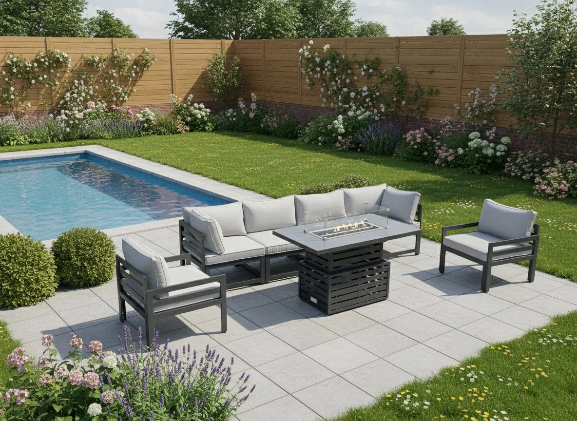 Tuscany 6 Seater Grey Modular Aluminium Sofa Set with Rising Fire Pit Table - View 5