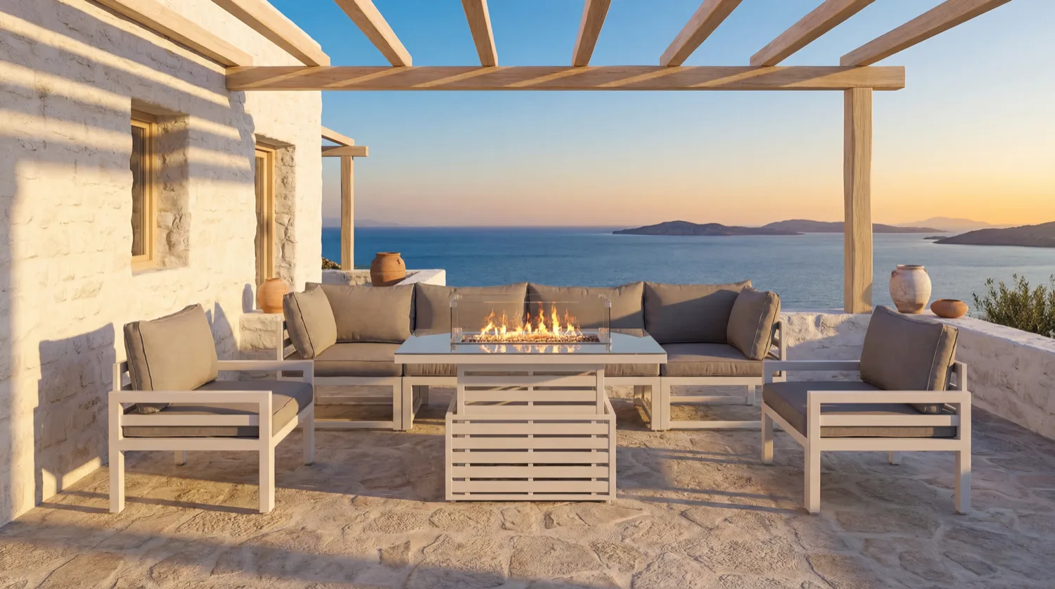 Mykonos 6 Seater White Modular Aluminium Sofa Set with Rising Fire Pit Table - Image 1