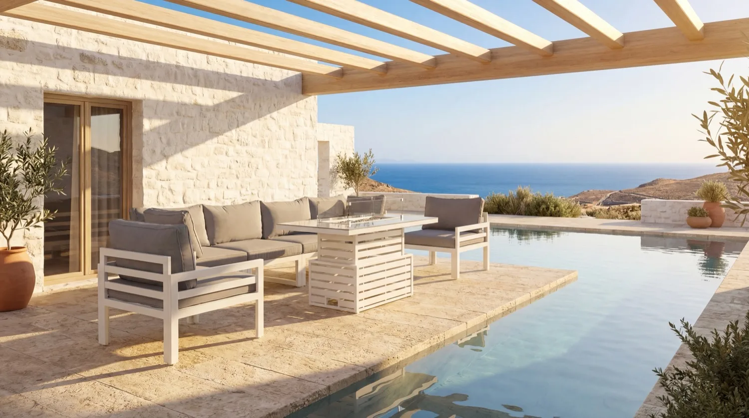 Mykonos 6 Seater White Modular Aluminium Sofa Set with Rising Fire Pit Table - Image 2