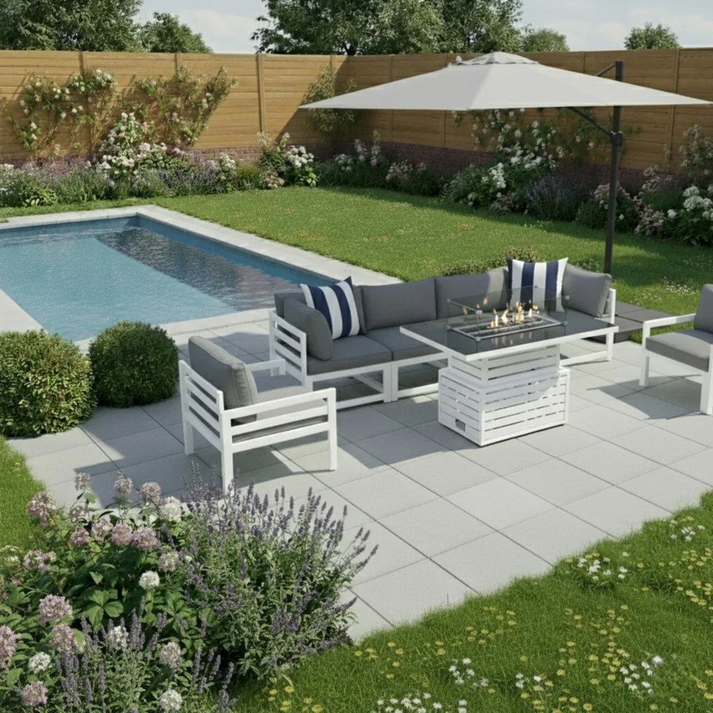 Mykonos 6 Seater White Modular Aluminium Sofa Set with Rising Fire Pit Table - Image 3