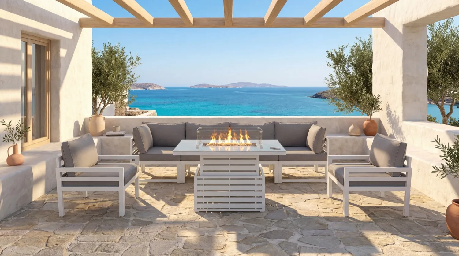 Mykonos 6 Seater White Modular Aluminium Sofa Set with Rising Fire Pit Table - Image 4