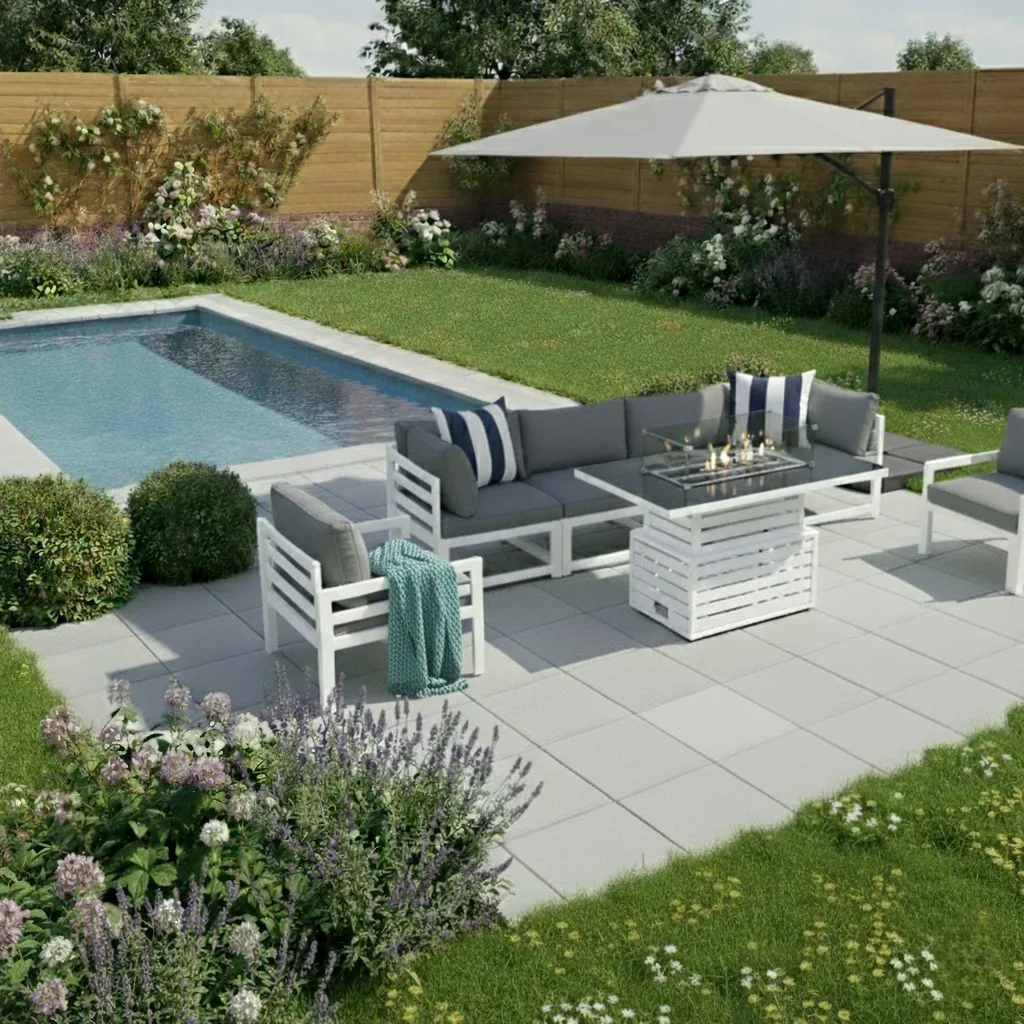 Mykonos 6 Seater White Modular Aluminium Sofa Set with Rising Fire Pit Table thumbnail 8