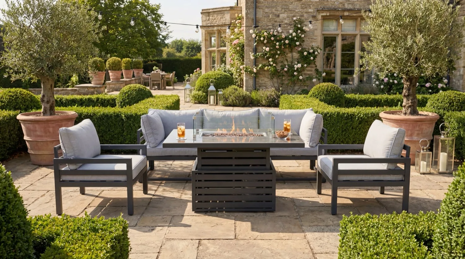 Tuscany 5 Seater Grey Modular Aluminium Sofa Set with Rising Fire Pit Table - Image 1