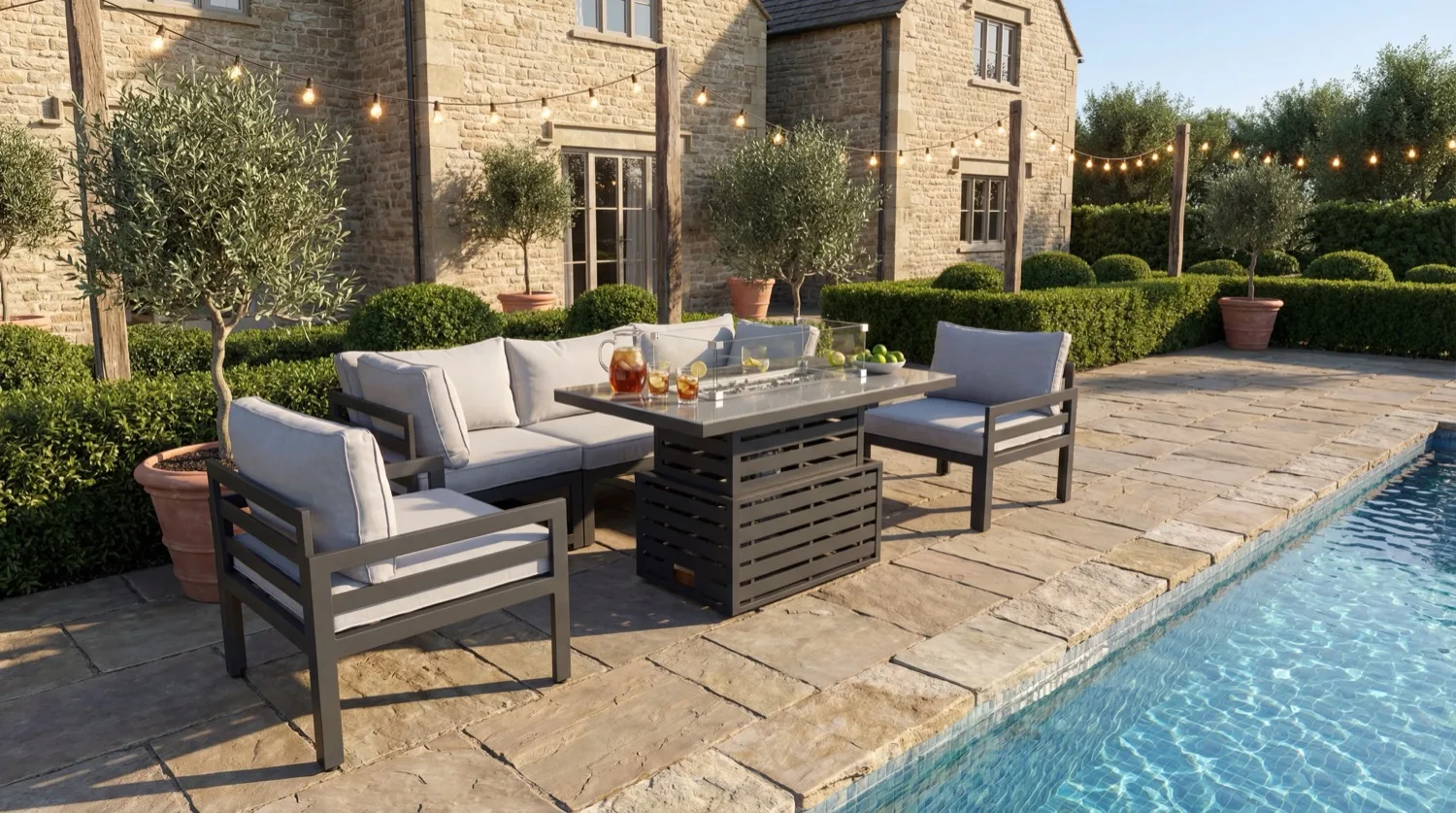Tuscany 5 Seater Grey Modular Aluminium Sofa Set with Rising Fire Pit Table - Image 2