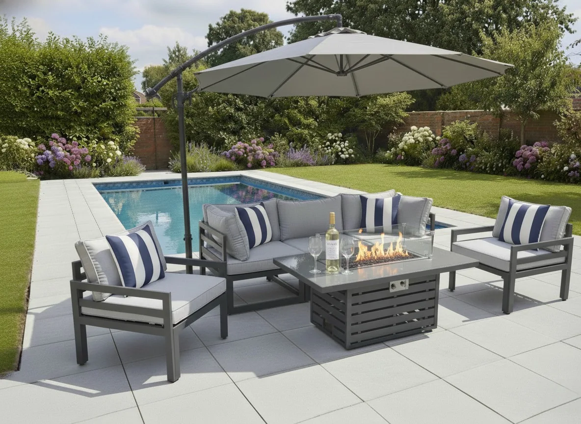 Tuscany 5 Seater Grey Modular Aluminium Sofa Set with Rising Fire Pit Table - Image 3