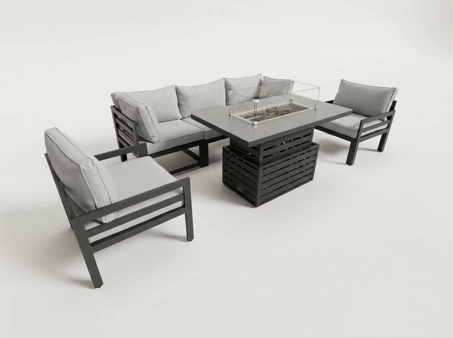 Tuscany 5 Seater Grey Modular Aluminium Sofa Set with Rising Fire Pit Table - Easy Setup