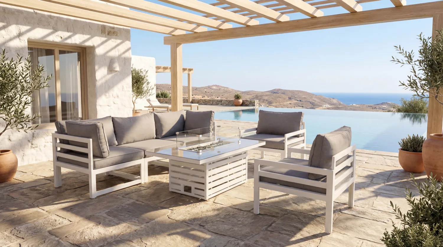 Mykonos 5 Seater White Modular Aluminium Sofa Set with Rising Fire Pit Table - Image 2