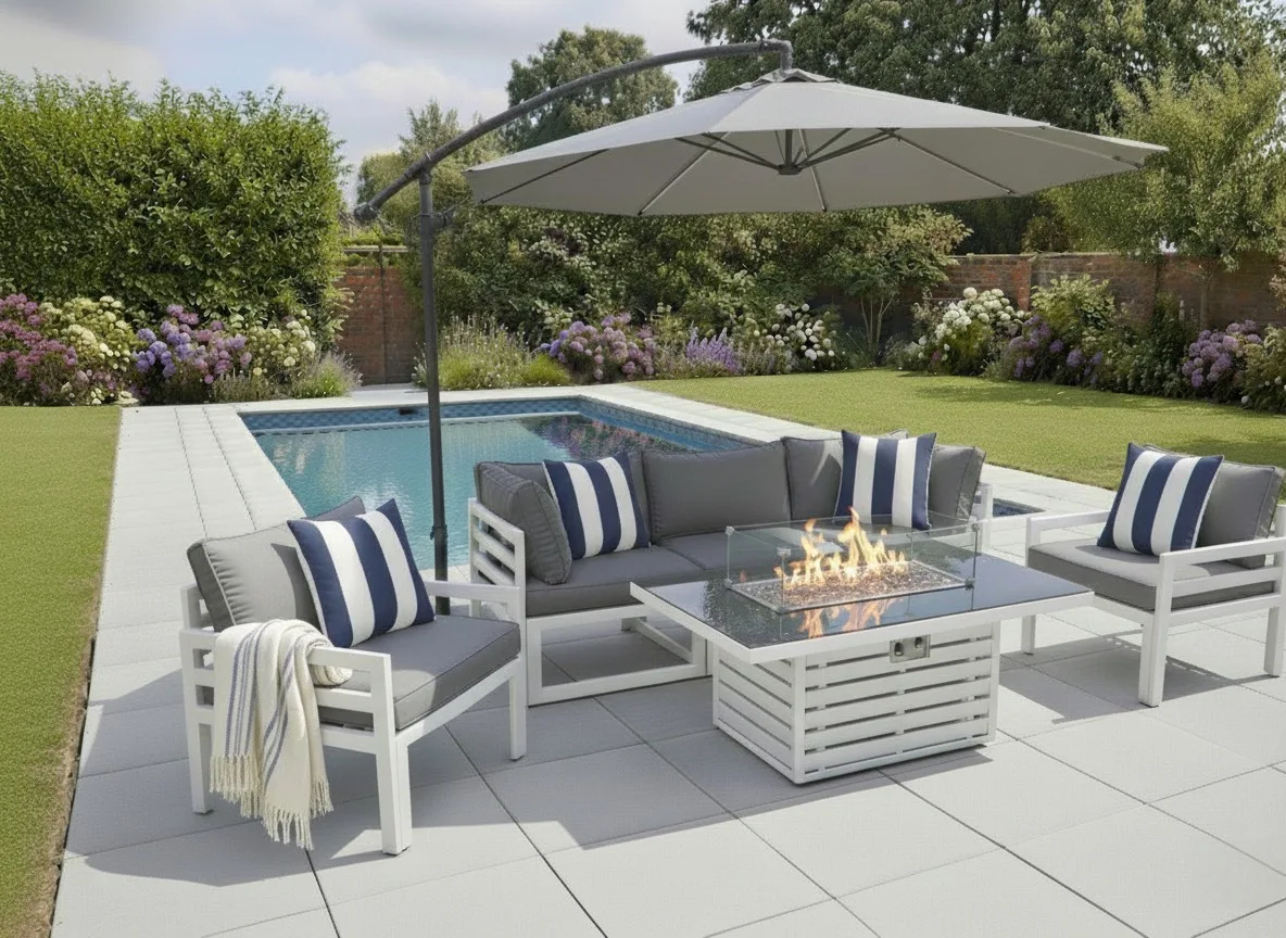 Mykonos 5 Seater White Modular Aluminium Sofa Set with Rising Fire Pit Table - Image 3