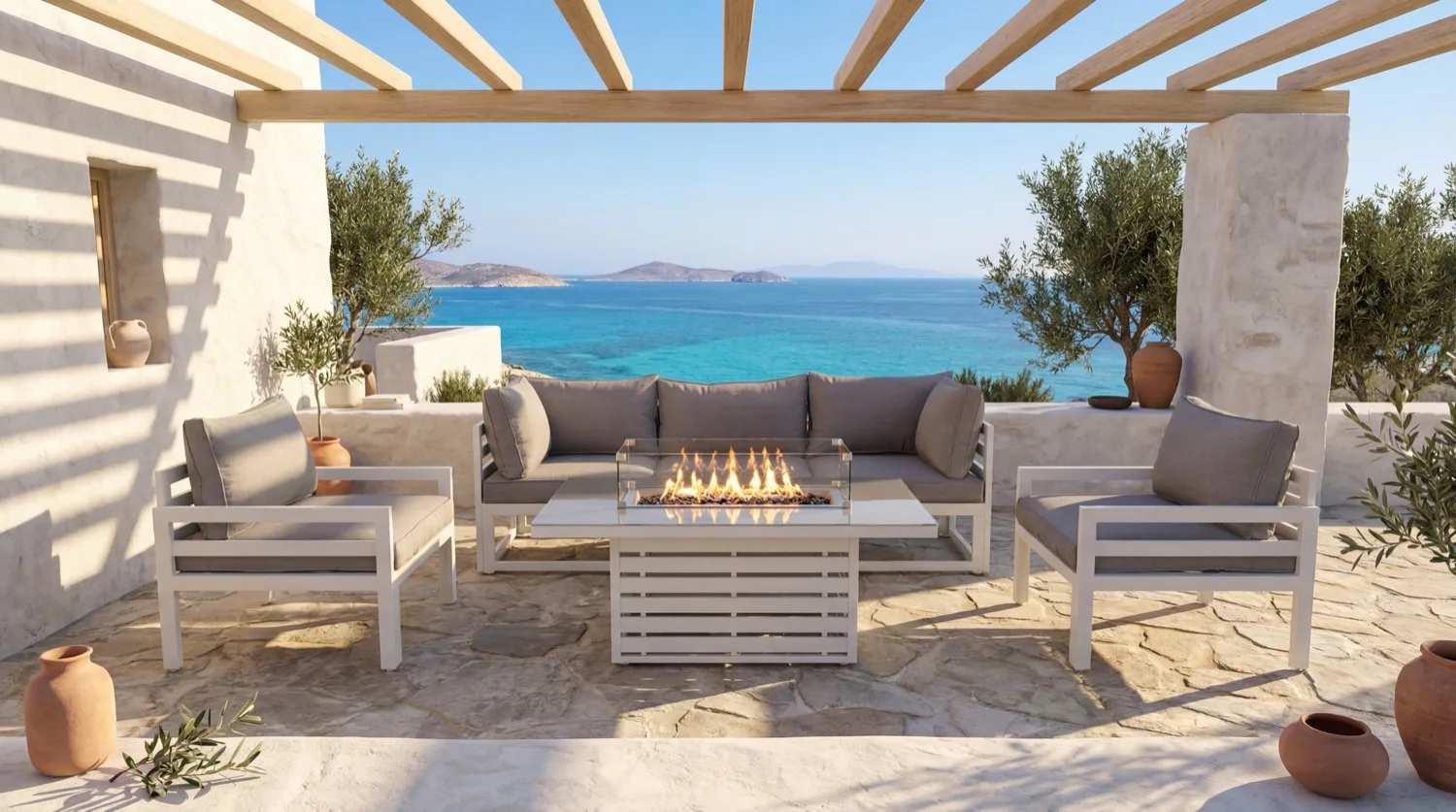 Mykonos 5 Seater White Modular Aluminium Sofa Set with Rising Fire Pit Table - Image 4