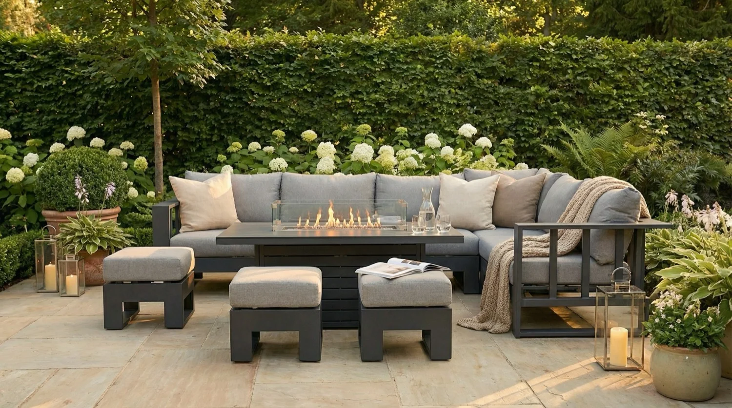 Barcelona Grey Aluminium Sofa Set with Rising Fire Pit Table - Image 2