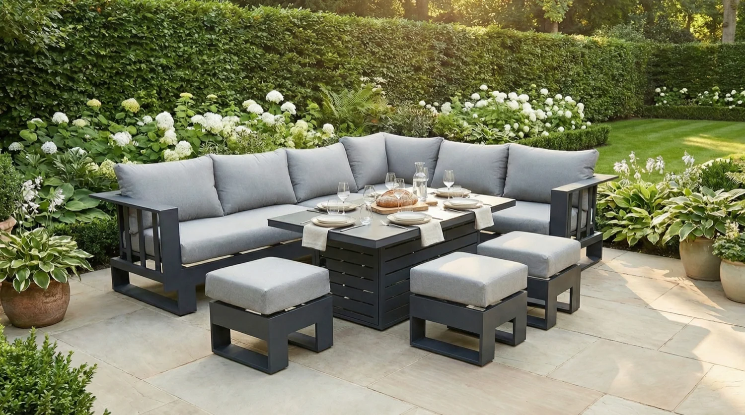 Barcelona Grey Aluminium Sofa Set with Rising Dining Table - Image 2